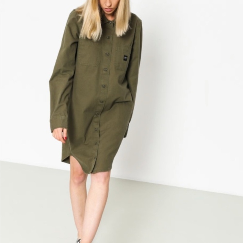 Olive Green Button-Up Shirt Dress